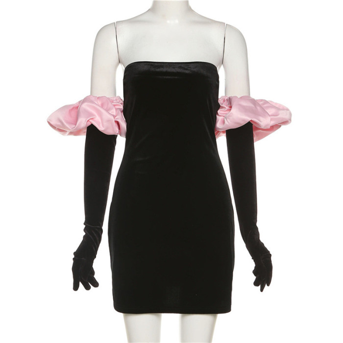 Women Puff Sleeve Velvet Dress Elegant Off Shoulder Bodycon Party Dresses
