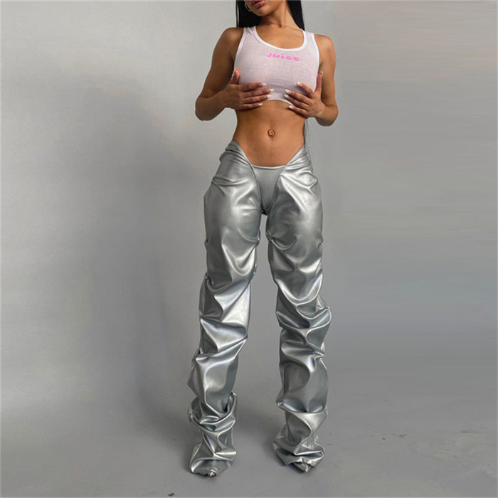 Women's Casual Ruched Stylish Sexy Low Waist PU Leather Stack Pants Trousers