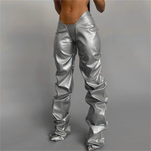 Women's Casual Ruched Stylish Sexy Low Waist PU Leather Stack Pants Trousers