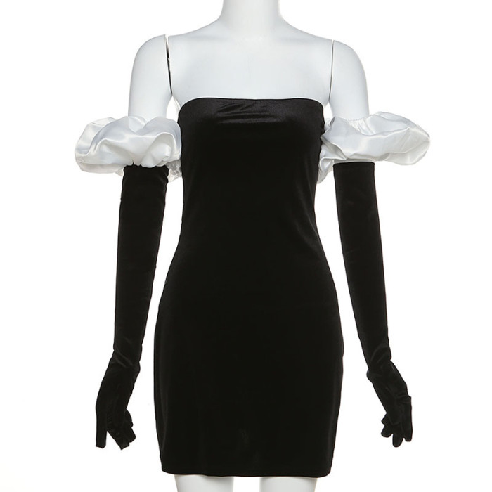 Women Puff Sleeve Velvet Dress Elegant Off Shoulder Bodycon Party Dresses