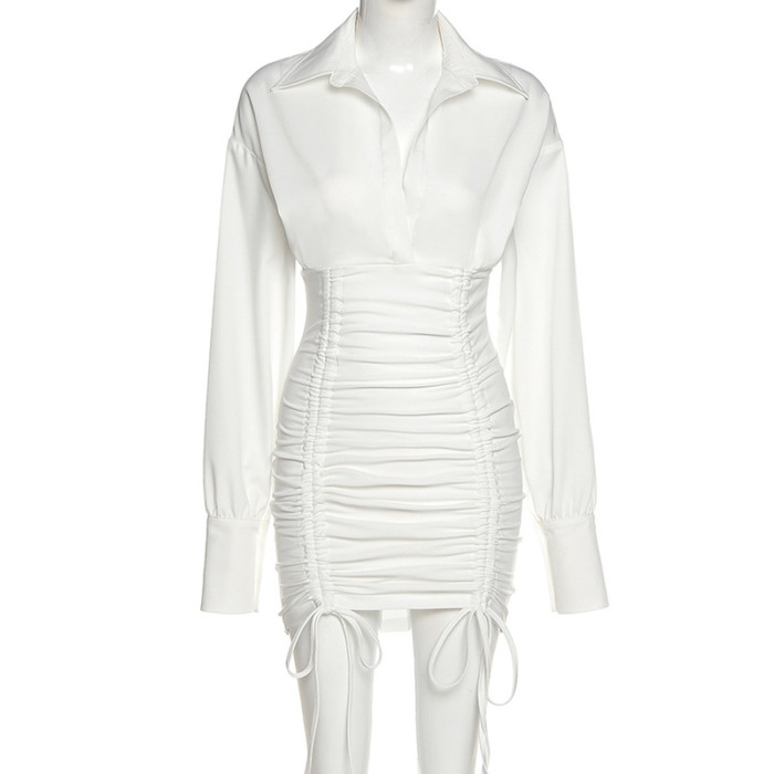 Ruched Design White Mini Sexy Women Fashion Long Sleeve Shirt Dresses