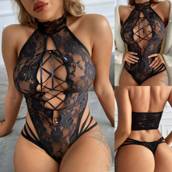Black Lace Cut-out Perspective Teddy