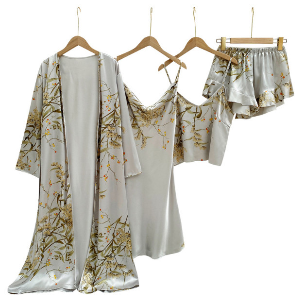 5Pcs Set Floral Print Belted Satin Night Robe Skirt Set