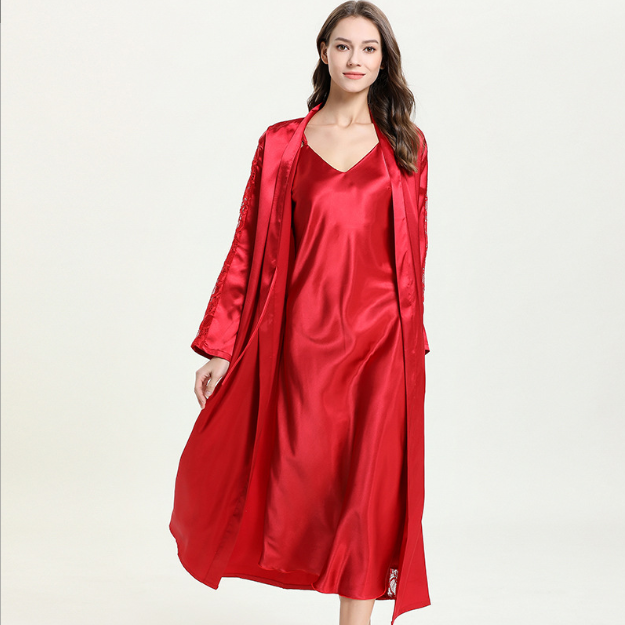 Ladies Sexy Lingerie Satin Night Dress Long Sleeves Nightgowns Gowns