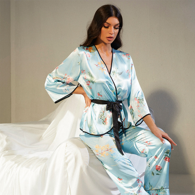 Women Pajama Set Sleepwear Winter Long Sleeve Mujer Pijamas Robes With Sashes Sexy Lingerie Nightwear Silk Satin Pyjama pjs Suit