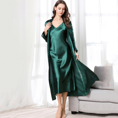 Ladies Sexy Lingerie Satin Night Dress Long Sleeves Nightgowns Gowns