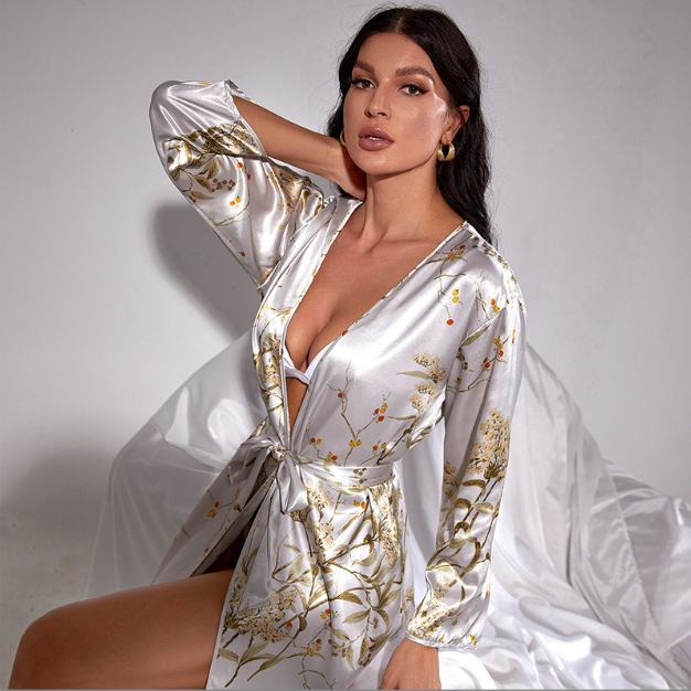 Floral Print Belted Satin Night Robe