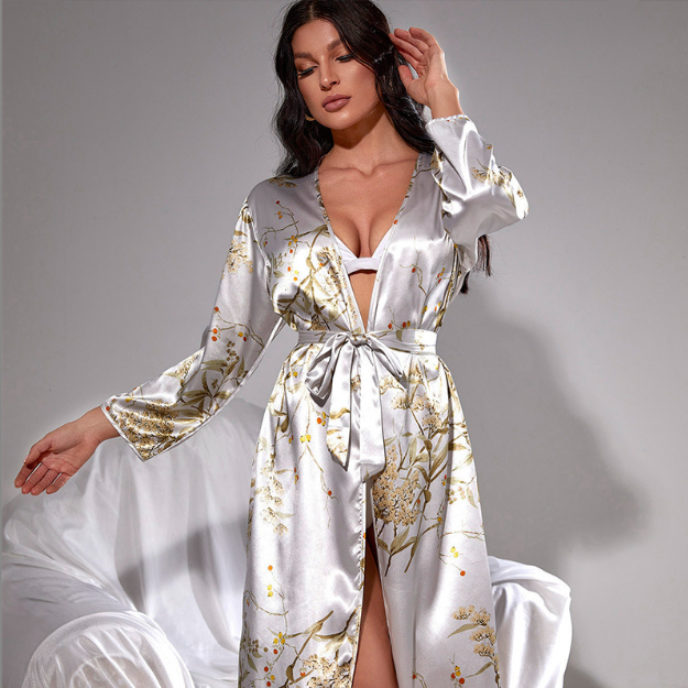 Floral Print Belted Satin Night Robe