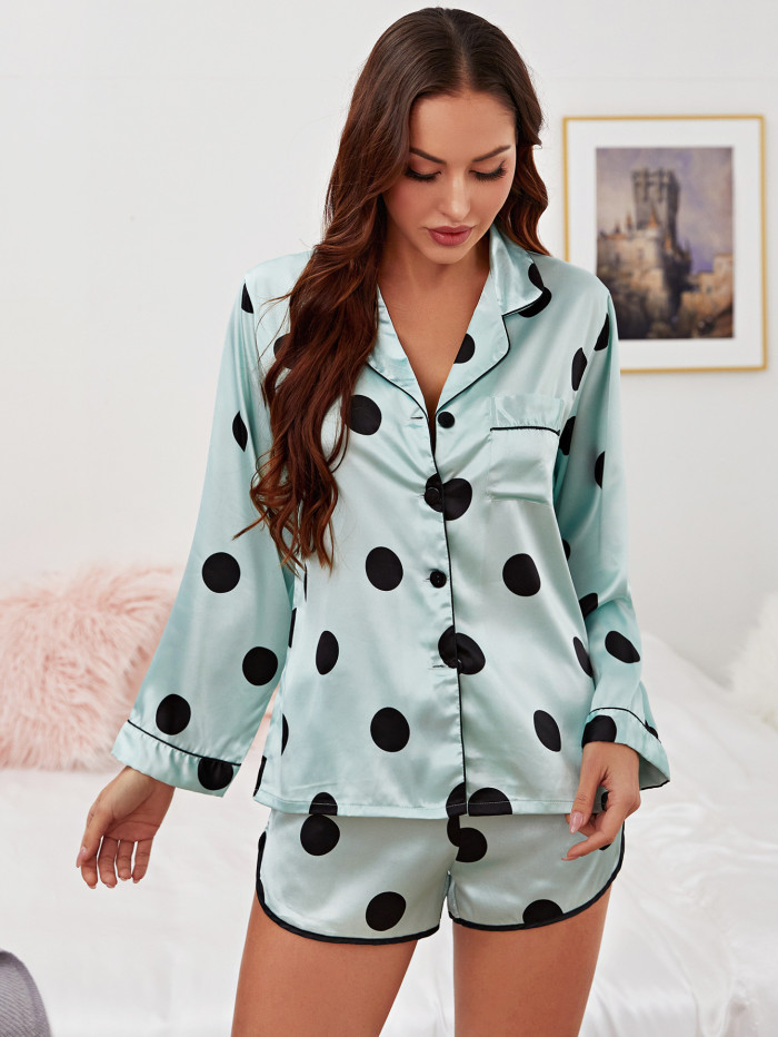 Women Home Wear Pajamas Long-sleeved Shorts Set Casual Polka-dot Pajamas Sleep Tops