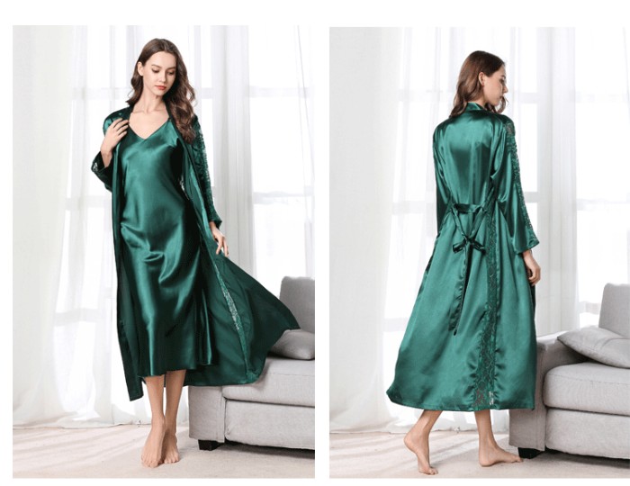 Ladies Sexy Lingerie Satin Night Dress Long Sleeves Nightgowns Gowns