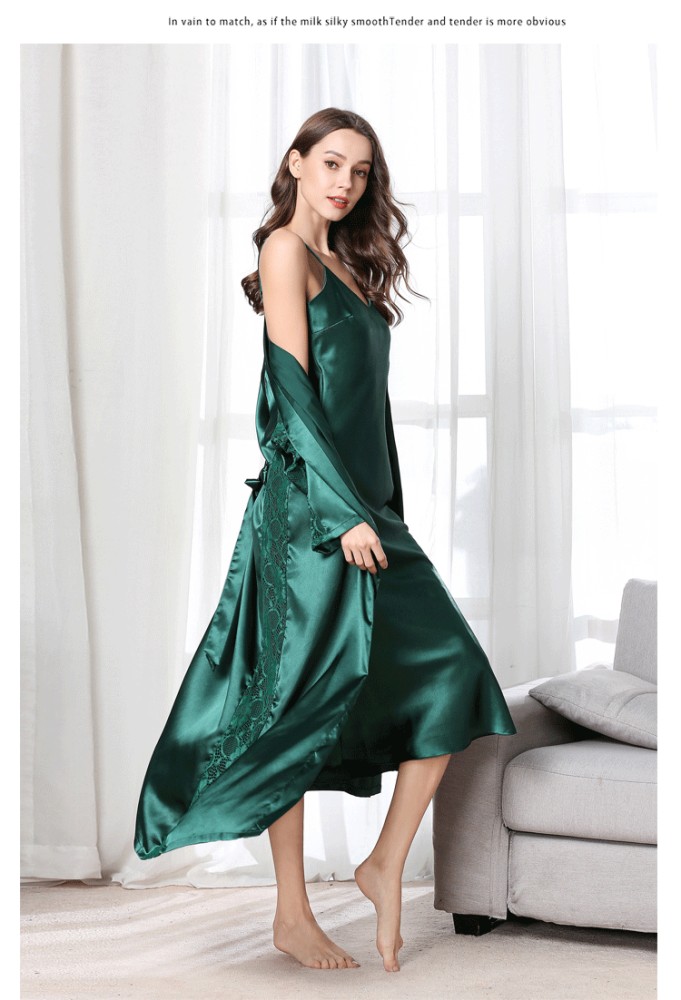 Ladies Sexy Lingerie Satin Night Dress Long Sleeves Nightgowns Gowns