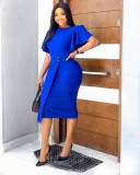 Women's Short Sleeve Solid Color Ruffle Spring Summer Round Neck Shift Dress Knee Length Dress