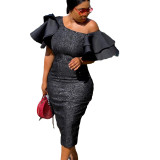 High Waist Shoulder Less Sewing Lace Evening Dress