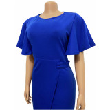 Women's Short Sleeve Solid Color Ruffle Spring Summer Round Neck Shift Dress Knee Length Dress