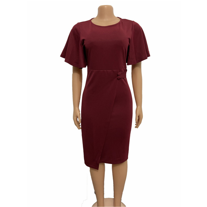 Women's Short Sleeve Solid Color Ruffle Spring Summer Round Neck Shift Dress Knee Length Dress