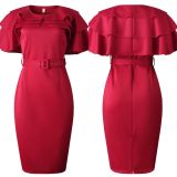 Ruffle Hem Hip Wrap OL Short Sleeve Bodycon Dress
