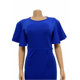 Women's Short Sleeve Solid Color Ruffle Spring Summer Round Neck Shift Dress Knee Length Dress