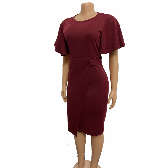 Women's Short Sleeve Solid Color Ruffle Spring Summer Round Neck Shift Dress Knee Length Dress