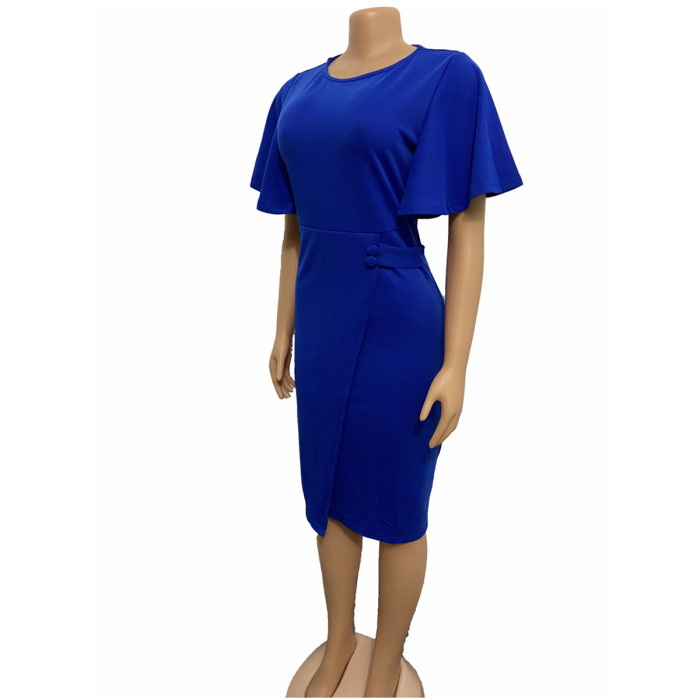 Women's Short Sleeve Solid Color Ruffle Spring Summer Round Neck Shift Dress Knee Length Dress