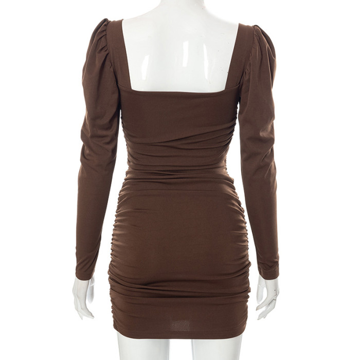 Low Cut pleated  With Puffed Sleeves Wrapped Around Chest Buttons and Irregular Buttocks Solid Color Dress