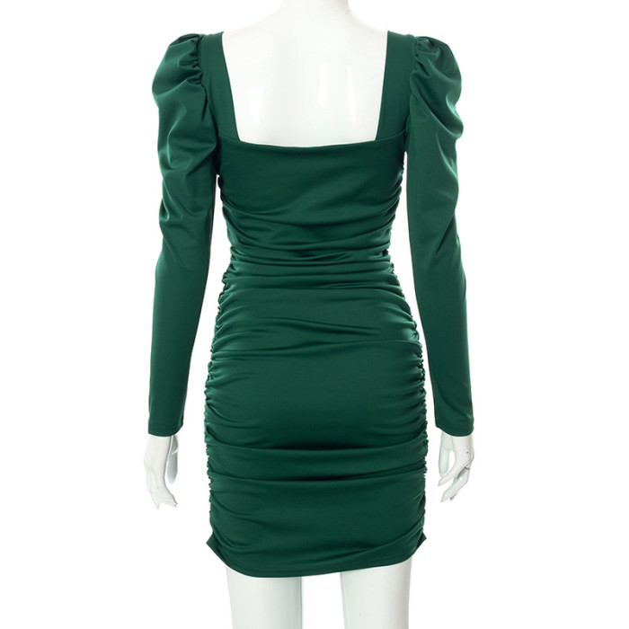 Low Cut pleated  With Puffed Sleeves Wrapped Around Chest Buttons and Irregular Buttocks Solid Color Dress