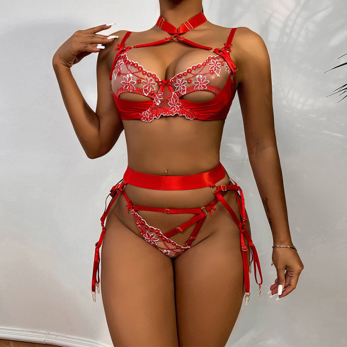 4 Pcs Red Satin Embroidery Stitched Halter Bra With Galter Lingerie Set
