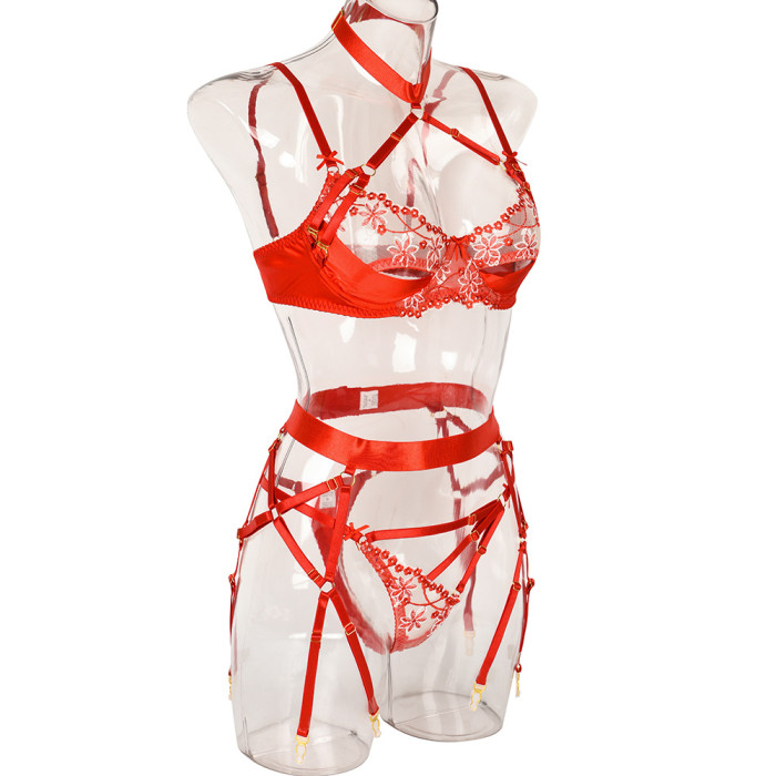 4 Pcs Red Satin Embroidery Stitched Halter Bra With Galter Lingerie Set