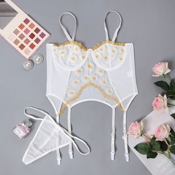 White Floral Bra And Panty Galter Lingerie Set
