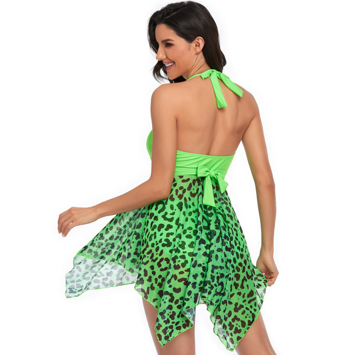 Women's Sexy Tankini Swimdress V Neck Mesh Halter Two Piece Swimsuits Push Up Flowy Bathing Suit Dress