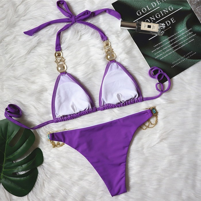Sexy Purple Strap Diamond Gold Chain Accessories Swimsuit