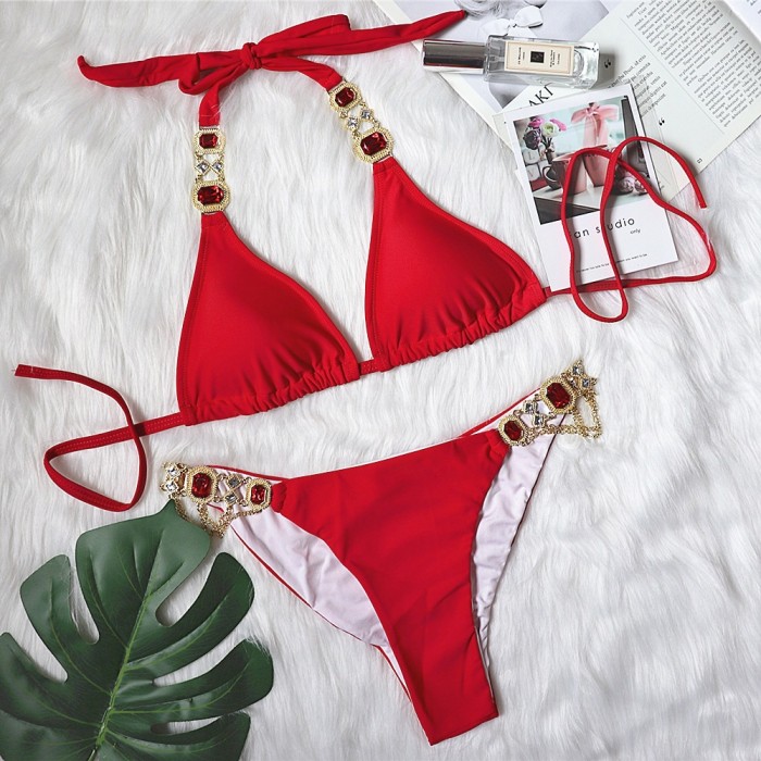 Sexy Red Strap Diamond Gold Chain Accessories Swimsuit