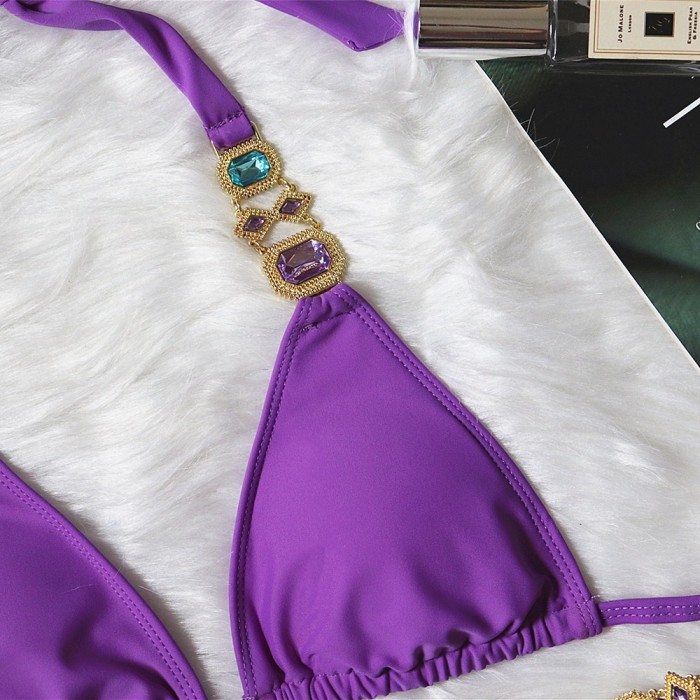 Sexy Purple Strap Diamond Gold Chain Accessories Swimsuit