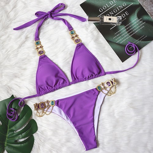 Sexy Purple Strap Diamond Gold Chain Accessories Swimsuit