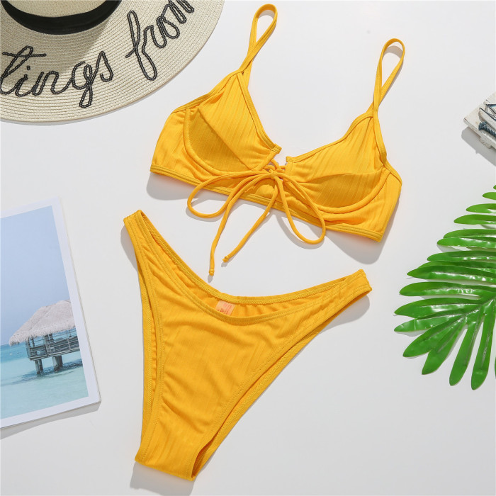 Ribbed Adjustment Solid Color Bathing Suit