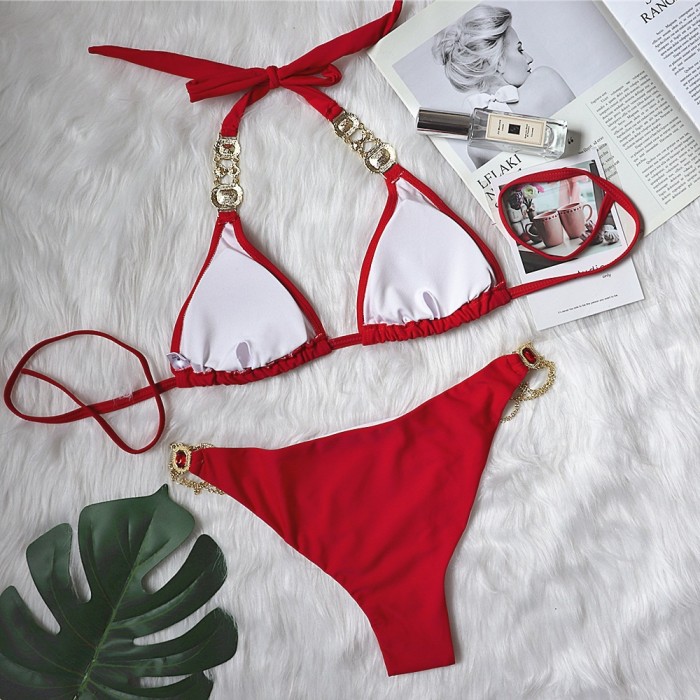 Sexy Red Strap Diamond Gold Chain Accessories Swimsuit
