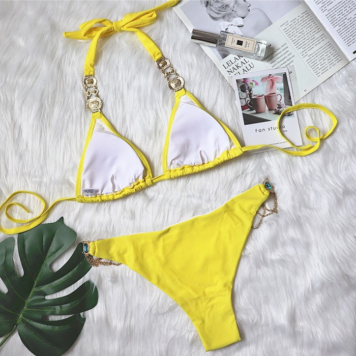 Sexy Yellow Strap Diamond Gold Chain Accessories Swimsuit