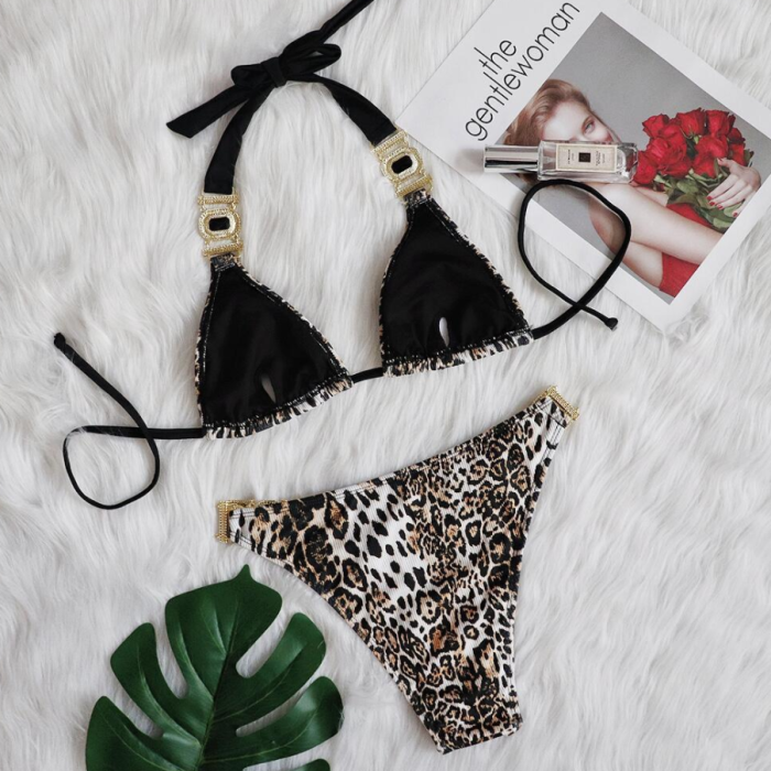 Leopard Print 2 Piece Triangle Bikini Swimsuit