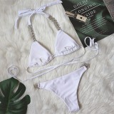 Crossed Lace Up Solid Metal Diamond Swimsuit