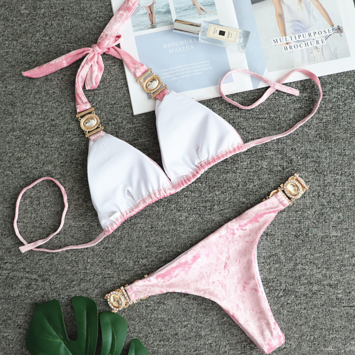 Sexy Pink Velvet Crystal Diamond Bikini