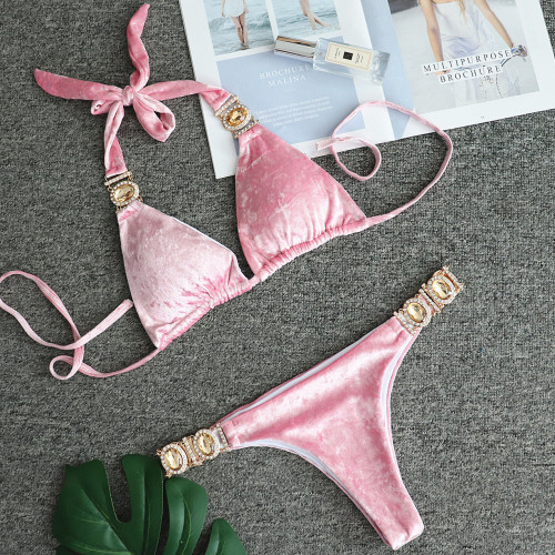 Sexy Pink Velvet Crystal Diamond Bikini