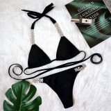 Crossed Lace Up Solid Metal Diamond Swimsuit