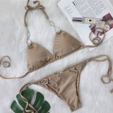 Sexy Metal Decorative Rhinestone Solid Color Strap Swimsuit