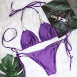 Sexy Metal Decorative Rhinestone Solid Color Strap Swimsuit