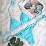 Sexy Metal Decorative Rhinestone Solid Color Strap Swimsuit