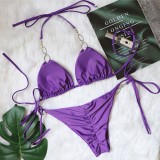 Sexy Metal Decorative Rhinestone Solid Color Strap Swimsuit