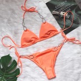 Sexy Metal Decorative Rhinestone Solid Color Strap Swimsuit