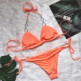 Sexy Metal Decorative Rhinestone Solid Color Strap Swimsuit