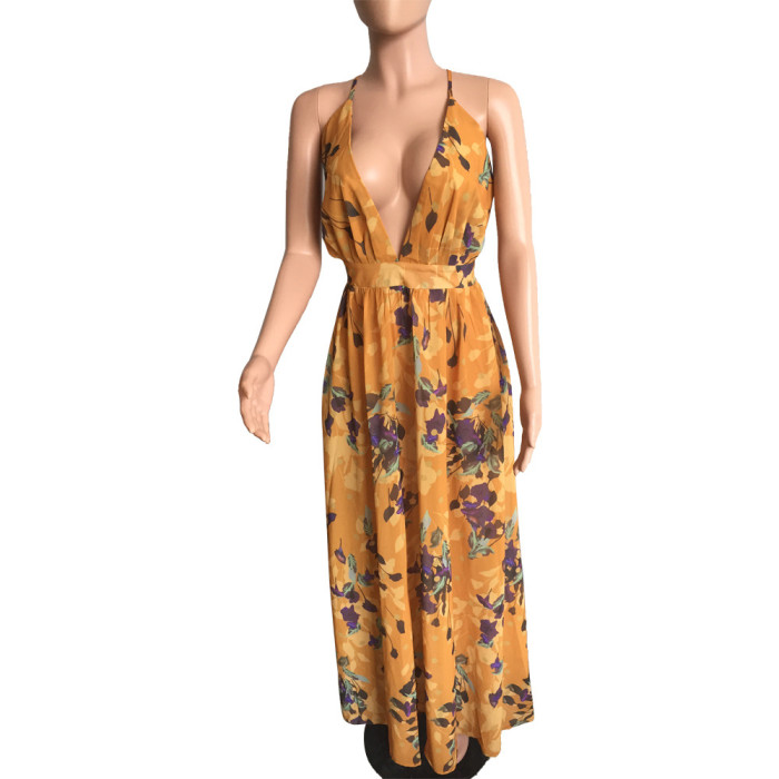 Floral Print Chiffon Maxi Backless Sun Dress