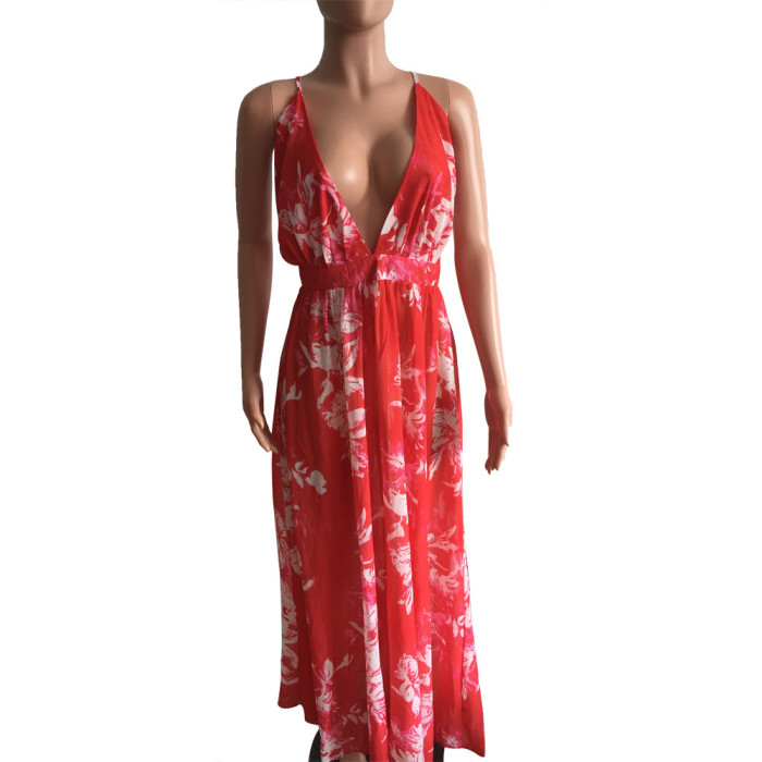 Floral Print Chiffon Maxi Backless Sun Dress