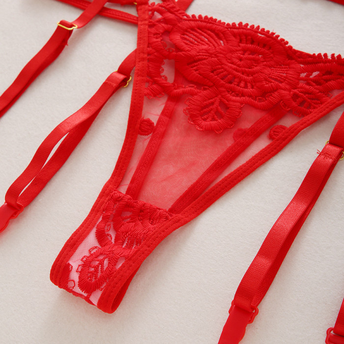 Red Sexy Floral Lace Garter Sexy Bra Set
